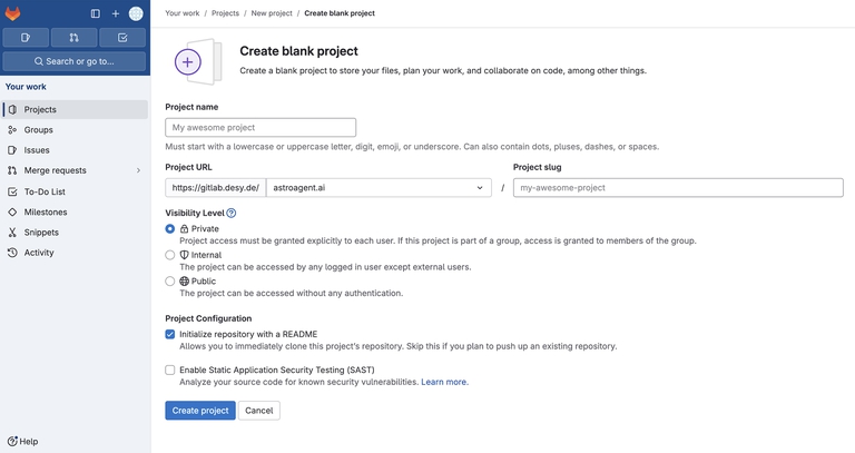 "Create blank project" start configuration